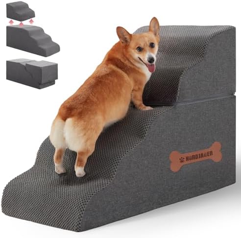 5-Step Spliceable Pet Stairs: Indoor& Outdoor Multi-Use with a Removable Cover and a Pocket, Best for Small Pets and Older Dogs Who Has Spine and Arthritis Issues to Get on High Beds, Grey(22.8" H