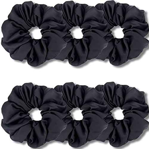 IVARYSS Big Scrunchies for Women Thick Hair, Premium Satin Softer than Silk, XL 6 Inch Extra Large Scrunchy Elastic Hair Bands Accessories, 6 Pack, Black