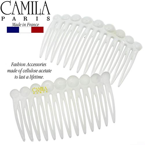 Camila Paris CP2900/2 French Hair Side Comb Small Rounded, White French Twist Hair Combs Decorative, Strong Hold Hair Clips for Women Bun Chignon Up-Do Styling Girls Hair Accessories, Made in France
