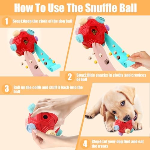 Dog Snuffle Ball-Interactive Puzzle Dog Toys Encourage Natural Foraging Skills Slow Feeder for Training and Stress Relief, Cloth Strip Hiding Food Chew Toys for Any Size Dogs (Red Macaron)