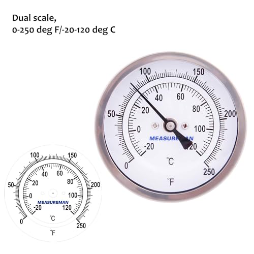 MEASUREMAN Fully Stainless Steel Pot, Kettle, Brewing Bimetal Thermometer, 3" Dial, 2-1/2" Stem, 0-250 deg F/-20-120 deg C, -1% Accuracy, Adjustable, 1/2" NPT Back Mount (2 Pack)