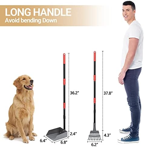 Heeyoo Dog Pooper Scooper, Dog Poop Tray and Rake Set, Pet Waste Removal Scoop with Long Adjustable Sectional Stainless Handles, 2 Pieces