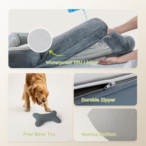 XXL Dog Bed - Extra Large, Orthopedic with Cooling Gel Memory Foam, Waterproof, Washable Cover, 53" Dog Sofa Bed, Dutch Velvet, Bone Toy, Dark Gray