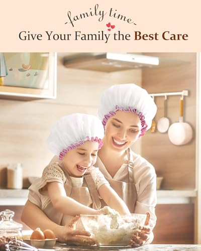 mikimini White Large Shower Caps for Women Long Hair Pack of 2, Reusable Waterproof Double Layers Bathing Hair Cap Soft Comfortable PEVA Lining, Cute, Non-fading & Stretchy Shower Hat X-Large