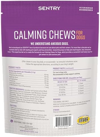 Sentry Calming Chews for Dogs, Calming Aid Helps to Manage Stress & Anxiety, with Pheromones That May Help Curb Destructive Behavior & Separation Anxiety, Calming Health Supplement for Dogs, 60 Count