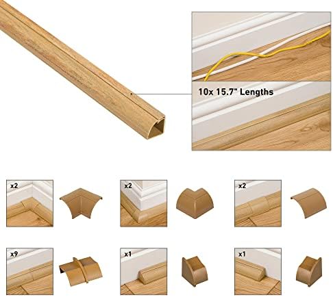 D-Line 157in Stainable Wood-Effect Corner Cable Concealer Multipack, Floor Wire Hider, Quarter Round Cord Cover, Organize Cords in Corners, Floor Molding - 10x 15.7in Lengths & Accessories
