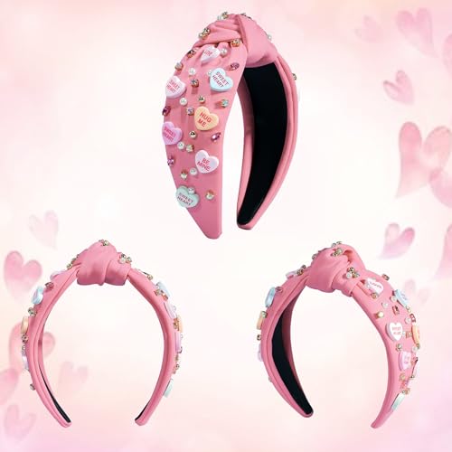 Valentine’s Day Headband for Women Girls Top Knot Jeweled Rhinestone Velvet Plush Hair Accessories Pink Red Heart Clothes Outfit