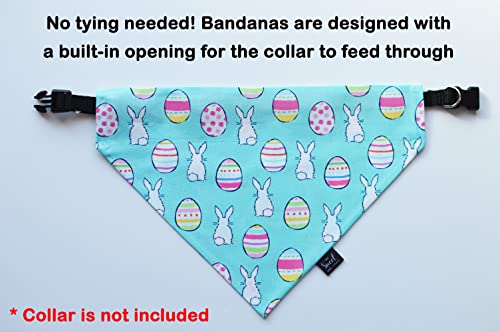 Easter over the collar dog bandana, handmade pastel color spring slip on pet bandana (Bunnies and Easter Eggs, Large)