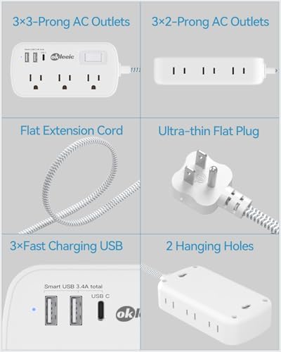 Short Extension Cord 3ft - Small Power Strip Flat Plug Surge Protetor with 6 Outlets 3 USB (3.4A/17W) Charging Ports, Multi Plug Wall Outlet Splitter for Home Bedroom Hotel Office Desktop Accessories