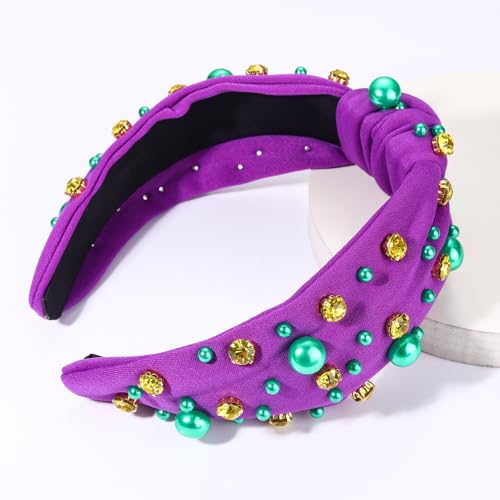 Mardi Gras Hairband for Women Purple Pearl Rhinestone Knotted Headband Carnival Parade Party Hair Accessories