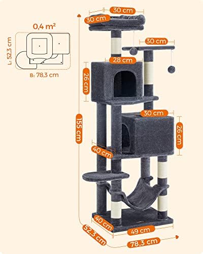 Feandrea Cat Tree, 61-Inch Cat Tower for Indoor Cats, Plush Multi-Level Cat Condo with 5 Scratching Posts, 2 Perches, 2 Caves, Hammock, 2 Pompoms, Smoky Gray UPCT192G01