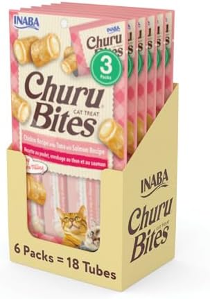 INABA Churu Bites for Cats, Soft Baked Chicken Churu Filled Cat Treats with Green Tea Extract, 0.35 Ounces Each Tube, 18 Tubes Total (3 per Pack), Tuna with Salmon Recipe
