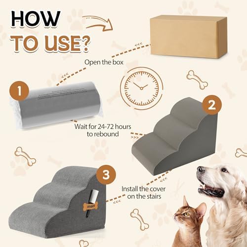 Romrol Dog Stairs Ramp for Beds Couches, Extra Wide Pet Steps with Durable Non-Slip Waterproof Fabric Cover, Dog Slope Stairs for Small Dogs and Cats or Pets Friendly, 3-Tiers,15 Inch