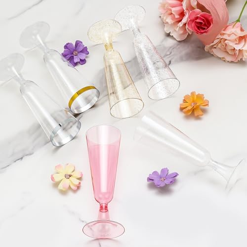 SUREHOME Champagne Flutes Plastic 100 Pack Gold Glitter Champagne Glasses Disposable Mimosa Glasses 5.5 Oz Sparkle Clear Acrylic Wedding Toasting Glasses Bulk for Party Bar Accessories Cocktail Cups
