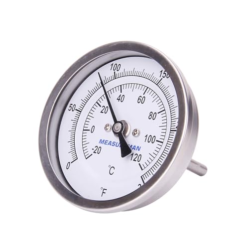 MEASUREMAN Fully Stainless Steel Pot, Kettle, Brewing Bimetal Thermometer, 3" Dial, 2-1/2" Stem, 0-250 deg F/-20-120 deg C, -1% Accuracy, Adjustable, 1/2" NPT Back Mount (2 Pack)