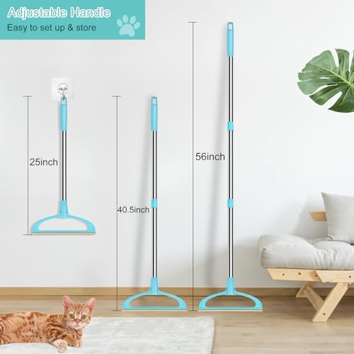 Carpet Rake for Pet Hair Removal, Reusable Pet Hair Removal Tool 56” Adjustable Long Handle Pet Hair Removal Broom, Cat Dog Hair Remover Carpet Brush Scraper for Rugs, Mats, Couch (Sky Blue)