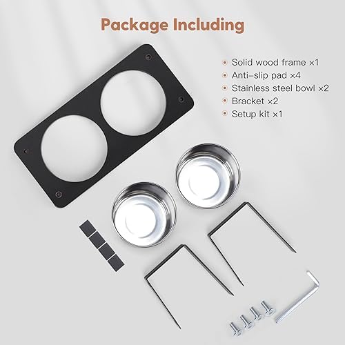Elevated Cat Bowls, 15° Tilted Raised Cat Food Bowls Wood Pet Bowls with Stand Anti Vomiting 2 Stainless Steel Bowls for Cats and Puppy