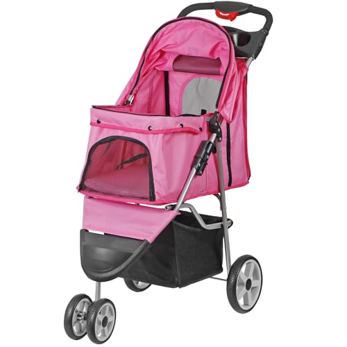 Foldable Pet Stroller for Cats and Dogs 3 Wheels Carrier Strolling Cart with Weather Cover, Storage Basket + Cup Holder (Pink)