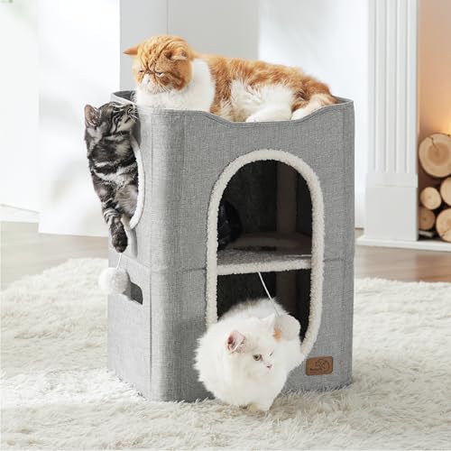 Bedsure 2-Level Cat House for Indoor Cats - Small Cat Towers with Scratch Pad and Hideaway Condo, Cat Cave Bed Furniture for Multi Pets and Large Cats, 18x14x23 inches, Grey