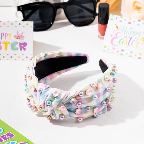 PANTIDE Easter Jeweled Knotted Headband - Colorful Pearl Rhinestone Beads Embellished Headband Non Slip Wide Top Knot Costume Hairband Hair Accessories Spring Birthday Gift for Women Girls (Plaid)