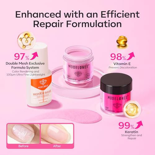 Modelones Dip Powder Nail Kit, 4 Colors Valentine's Day Hot Pink Glitter Dipping Starter Set with Liquid and Complete Accessories for French Nails Art Salon DIY at Home Manicure
