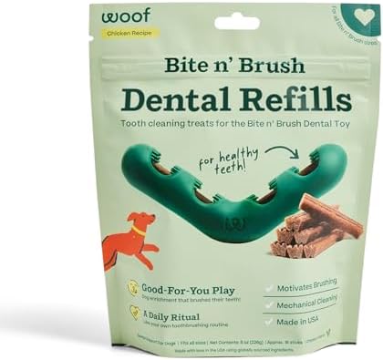 WOOF - Bite n' Brush Refills for The Dog Toothbrush Toy - Scrub Plaque and Tartar from Your Dog's Teeth and Mouth - Dog Dental Chew Toy Treats - Approximately 16 Refills