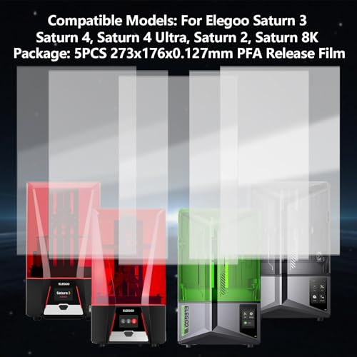KOYOFEI 5 PCS PFA Film 3D Printer Accessories, PFA Film for ELEGOO Saturn 4, Saturn 4 Ultra, Saturn 3, Saturn 2 3D Printer 273 x 176 x 0.127mm