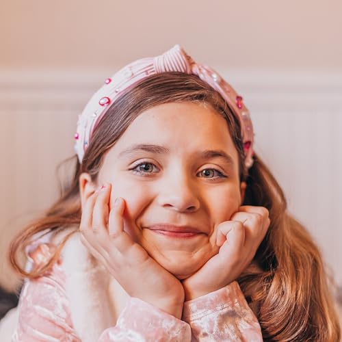 FROG SAC Top Knot Headband for Girls - Knotted Valentines Day Head Bands for Kids, Jeweled Rhinestone Vday Hair Band for Children, Pink Embellished Hair Accessories for Toddlers, Little Girl Hairband