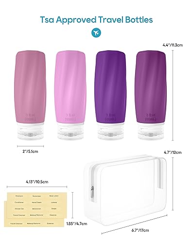 Morfone Travel Bottles for Toiletries, 3oz Tsa Approved Travel Size Containers Leak Proof Squeezable Travel Accessories Refillable for Shampoo Conditioner Lotion Liquids(Purple)