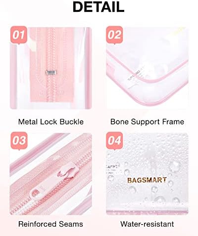 BAGSMART Clear Toiletry Bag, 2 Pack TSA Approved Carry on Travel Accessories Bag Airport Airline Quart Size Bags Water Repellent Makeup Cosmetic Bag for Women (Pink-2pcs)