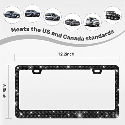 2 Pack Bling License Plate Frames, Sparkly Rhinestone Diamond Car License Plate Cover for Women, Stainless Steel Car Accessories with Glitter Crystal Caps (Black)