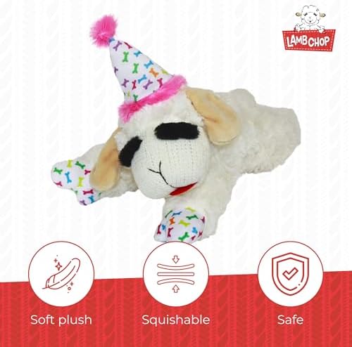 Multipet Lamb Chop Dog Plush Toy w/Birthday Hat - Squeaky Dog Toy for All Dogs - Soft Plush Dog Toy - Stuffed Animal Dog Toy for Playing - Cute Dog Birthday Toy (10.5”, Pink Hat, 5 Squeakers)