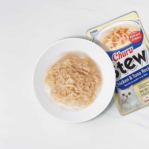 INABA Churu Stew for Cats, Broth Gelée with Shredded Chicken Side Dish Pouch with Vitamin E, 1.4 Ounces per Pouch, 12 Pouches, Chicken Variety