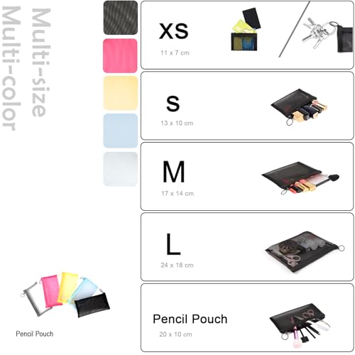 patu Zipper Mesh Bags, Pencil Case, 5 Pieces, Beauty Makeup Cosmetic Accessories Organizer, Travel Toiletry Kit Set Storage Pouch, Assorted Colors