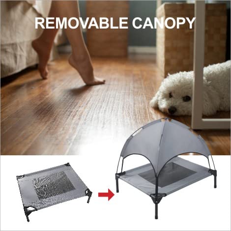 Hooyeatlin Small Elevated Dog Bed with Canopy - Upgraded 30IN Outdoor Raised Dog Cot Bed with Removable Shade Tent, Pet Cot Gray(S Size)