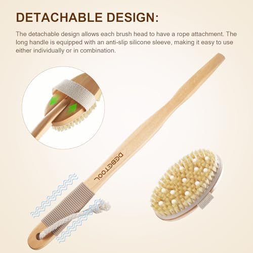 Dry Brushing Body Brush - Natural Boar Bristle Body Brush Set with Face Brush, Wooden Long Handle Scrub Body Brush for Cellulite Treatment, Lymphatic Drainage, Detachable, 3 Brush Heads
