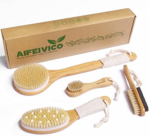 Natural Boar Bristle Dry Brush - Exfoliating Body, Face & Foot Brush, Long Handle Back Scrubber, Meridian Pressure for Lymphatic Drainage & Cellulite