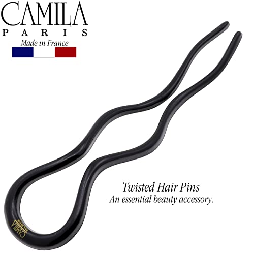 Camila Paris CP3285 French Twist Stick Hair Fork, Large Wavy U Shaped Hair Pin Clip for Spiral Updo and Bun, Black, Fashion Flexible Durable Styling Hair Accessories for Women, Made in France