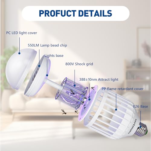 vertmuro Bug Zapper Light Bulb, 2-in-1 Indoor Electric Mosquito Killer Lamp with UV LED Light, Fly Insects Trap for Home Entryway Balcony Patio(1 Pack)