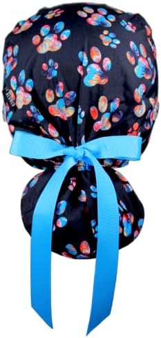 Scrub Cap for Women and Men, Ponytail Scrub Caps, Working Hat, Head Cover with Ribbon Ties and Buttons, Long Hair