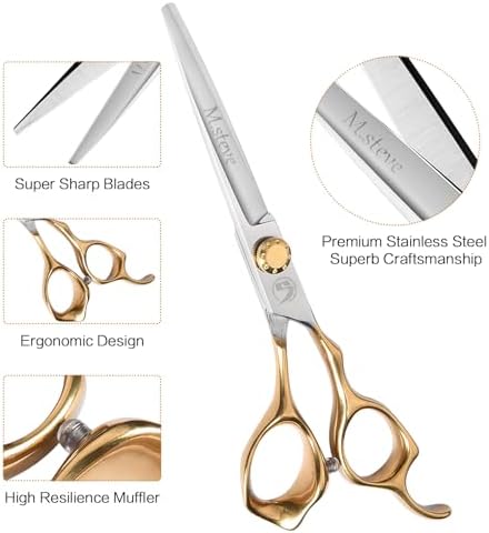 Hair Cutting Scissors Kit, Hair Scissors Professional Stainless Steel Haircut Scissors with Hair Shears, Thinning Shears, Haircut Accessories in Leather Case for Barber/Home 12PCS Gold Silver