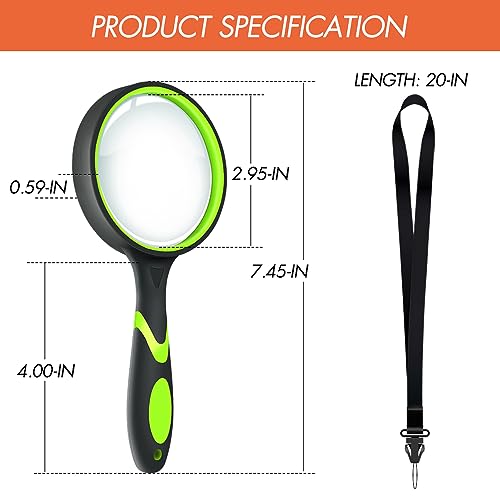 Leffis 4 Pack Magnifying Glass, 10X Non-Slip Handheld Reading Magnifier with Lanyard for Kids and Seniors, 75mm Magnifying Glass Lens for Reading, Classroom Science, and Nature Exploration