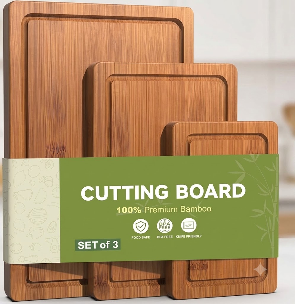 3-Piece Set Bamboo Cutting Board for Kitchen - Crack-Resistant Wood Chopping Boards with Deep Juice Grooves, Pre-Oiled Butcher Block for Meat, Vegetables & Cheese, Carbonized
