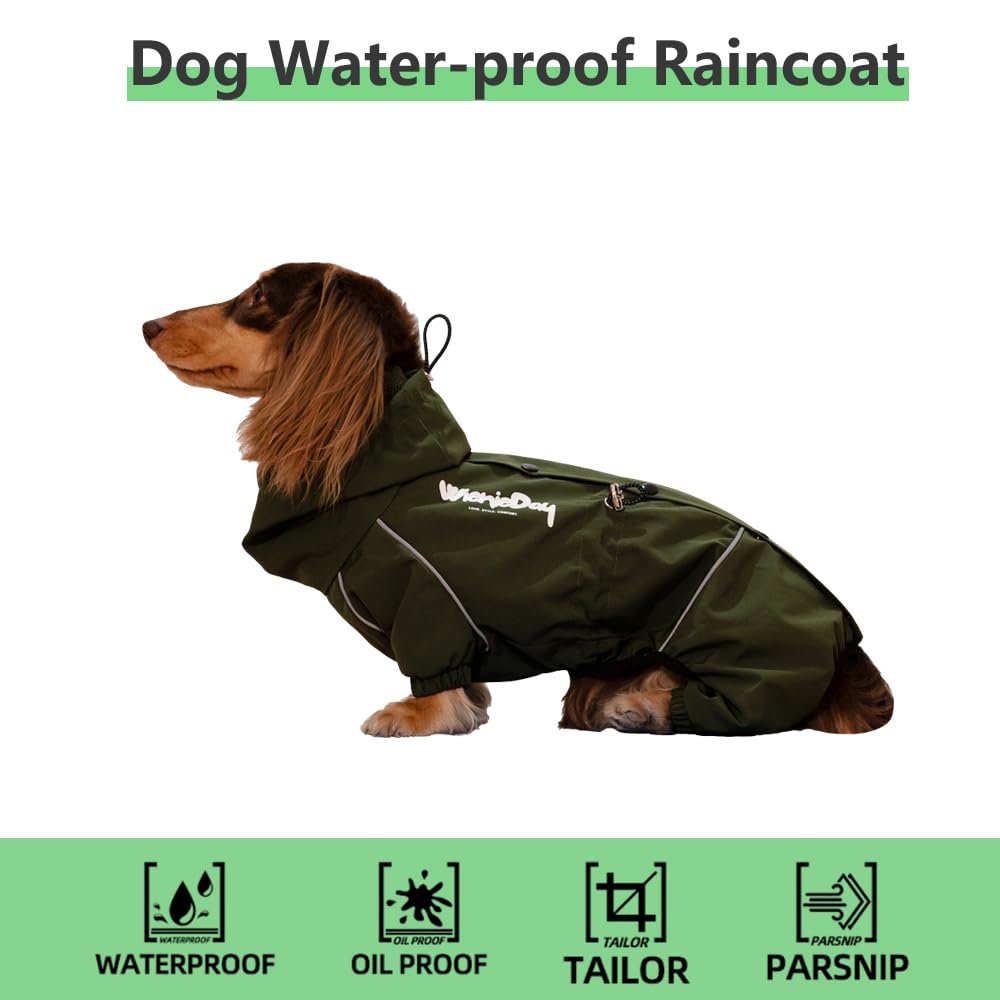 WienieDay Dachshund Full Body Dog Raincoat, Waterproof 4-Leg Jacket with Removable Belly Flap, Lightweight Reflective Hooded Dog Coat for mini Dachshund Small Medium Dogs (X-Large(20-25lbs))