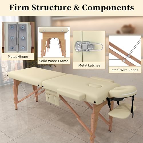 civama Massage Table Massage Bed Portable, 29 LBs Light Weight Foldable Tattoo Facial Care Spa Lash Bed Aluminum Frame with Accessories Carrying Bag, Beige