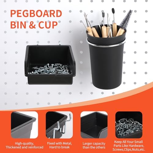 240PCS Pegboard Hooks Assortment, Pegboard Accessories Organizer Kit with Pegboard Bins, Pegboard Cups, 1/8 and 1/4 inch Peg Board Hooks for Hanging Tools, Garage Pegboard Wall Organization