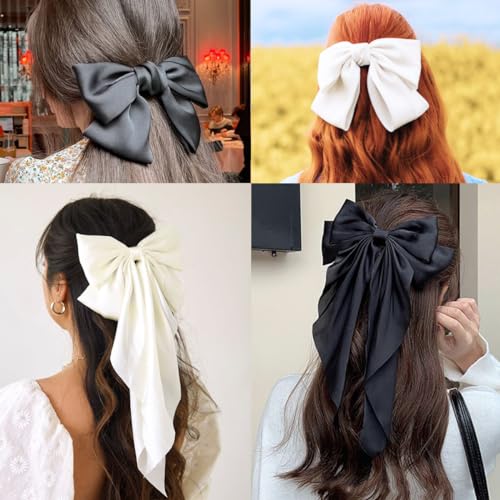 Silky Satin Hair Slides with Metal Clips - 4 Pieces Ribbon Barrettes, Large Bows, and Long Tail Accessories for Women and Girls (Black, White)