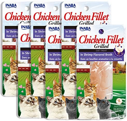 INABA Premium Hand-Cut Grilled Chicken Fillet Cat Treats/Topper with Vitamin E and Green Tea Extract, 0.9 Ounces Each, Pack of 6, Shrimp Broth