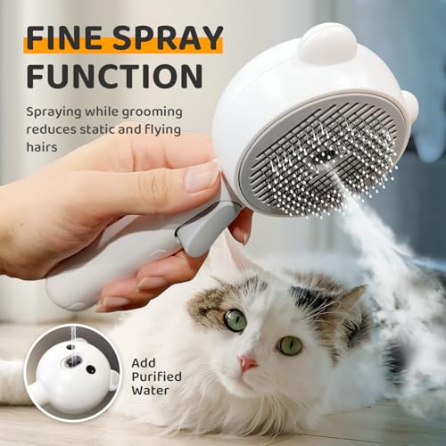 Cat Steam Brush, Self Cleaning Pet Spray Hair Removal Comb with Release Button, 3 In 1 Cat Brush for Indoor Cats, Waterproof Pet Grooming Brushes for Long Short Haired Dogs Cats