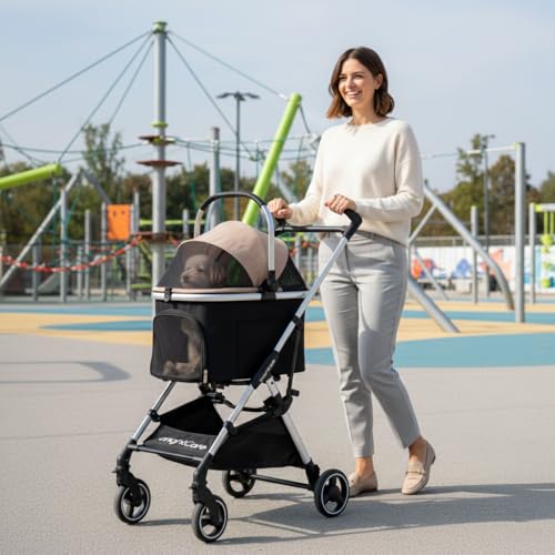 BRIGHTCARE Pet Stroller for Small Dogs & Cats Under 20 lb with Detachable Carrier, Converts to Car Seat, Ultra-Lightweight only 11lb, One Hand Fold